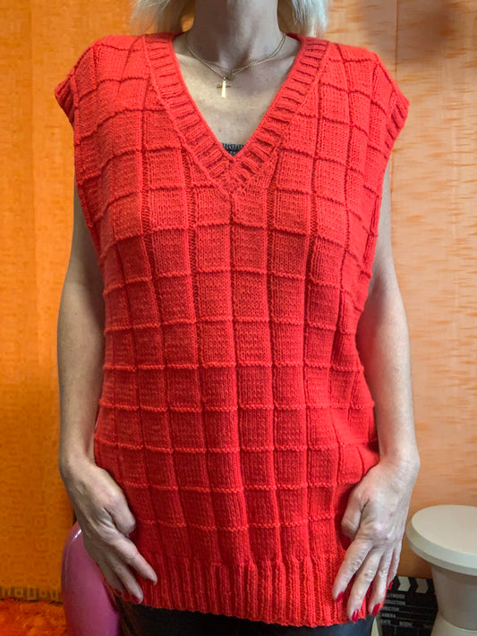 Grand Pull sans manche Orange tricoté Laine carreaux