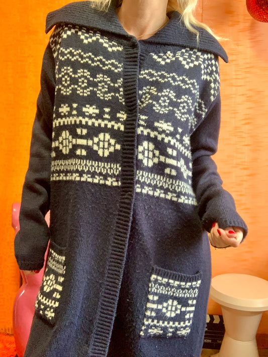 Gros et Long Gilet Laine motifs étoiles des neiges Vintage