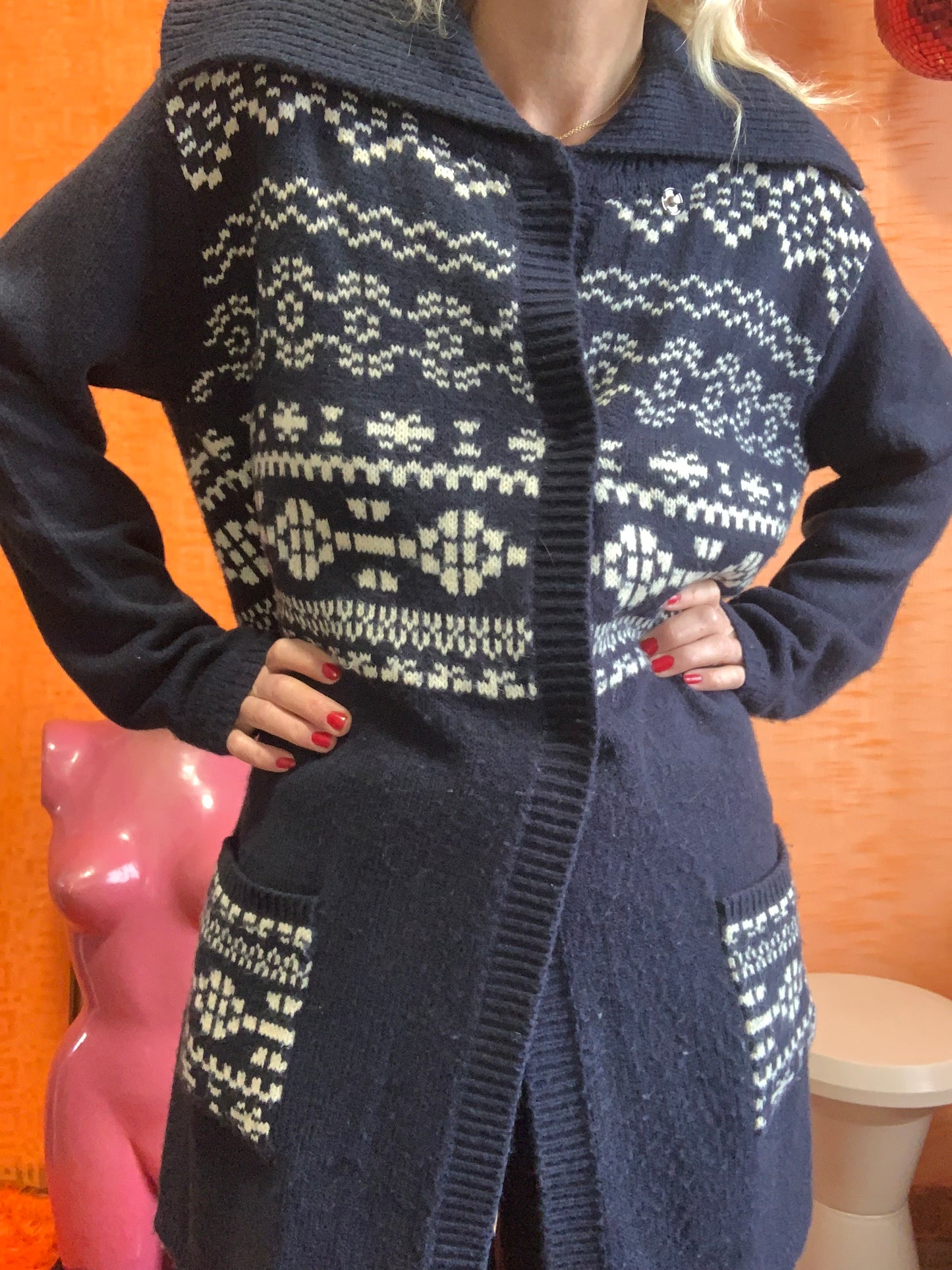 Gros et Long Gilet Laine motifs étoiles des neiges Vintage