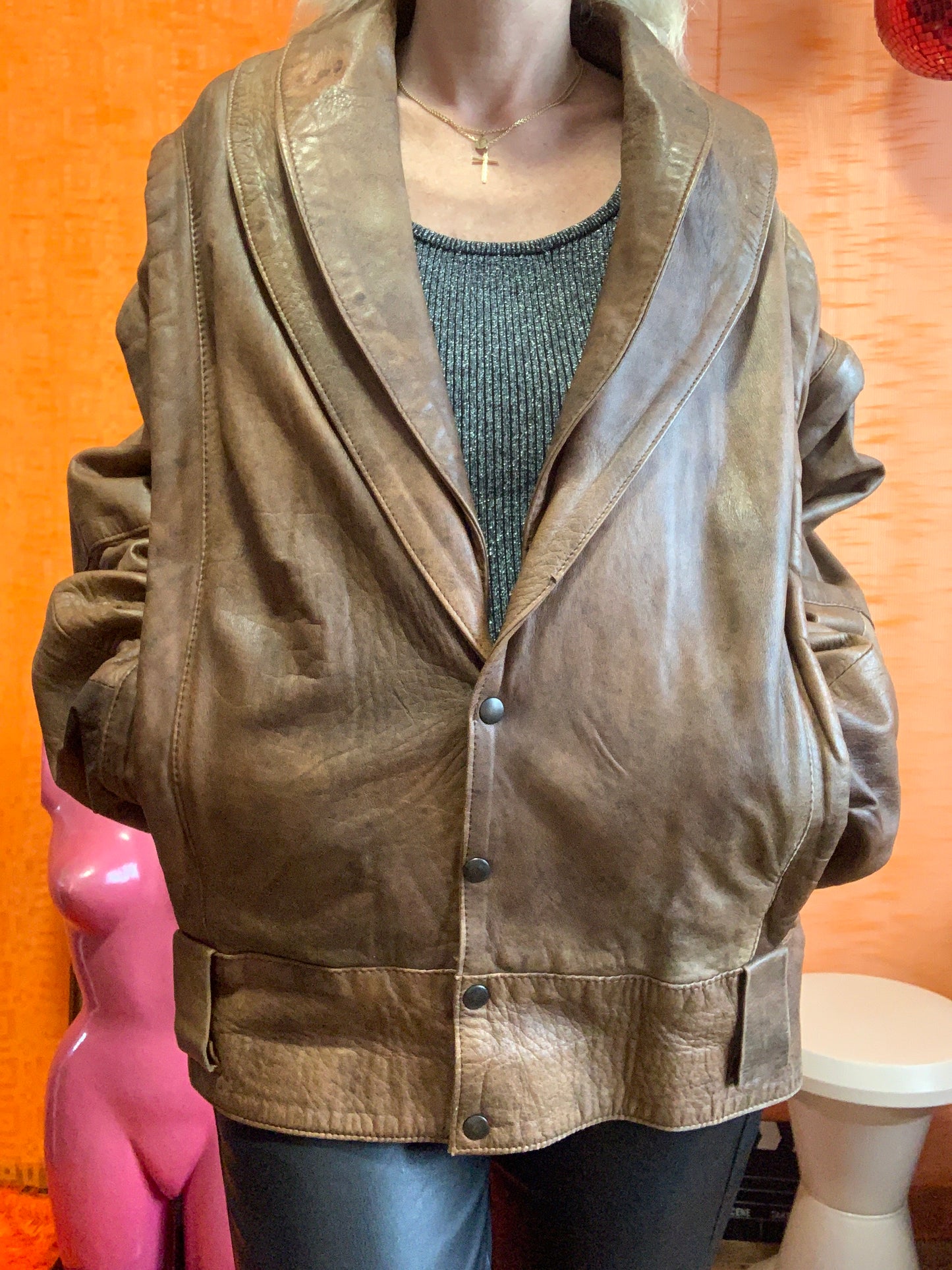 Blouson Cuir marron Vintage 1980 Double col à manches détachables