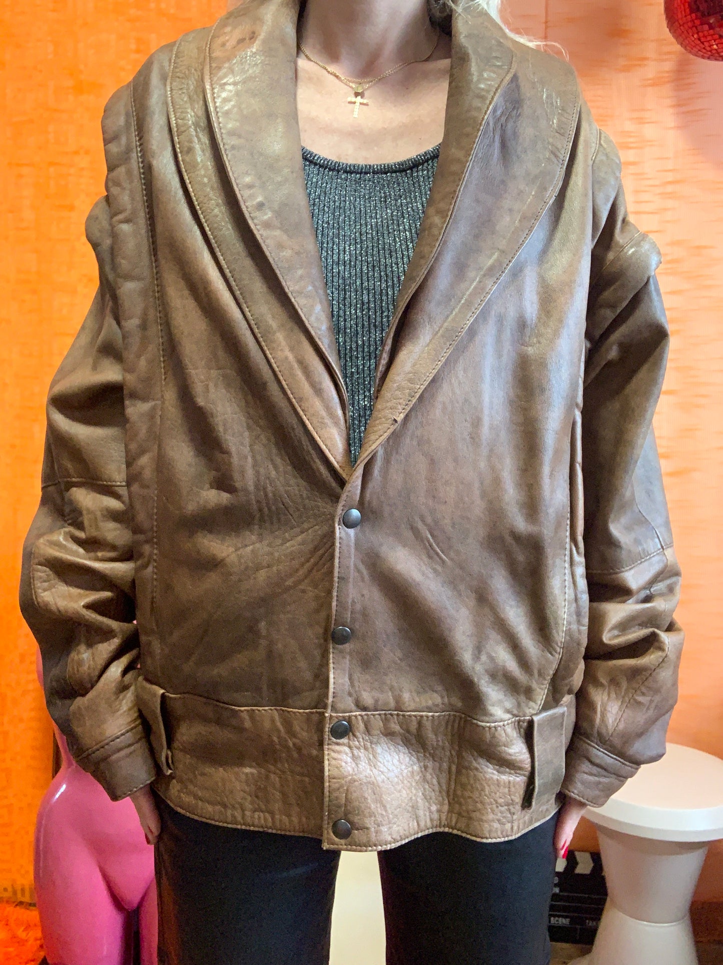 Blouson Cuir marron Vintage 1980 Double col à manches détachables