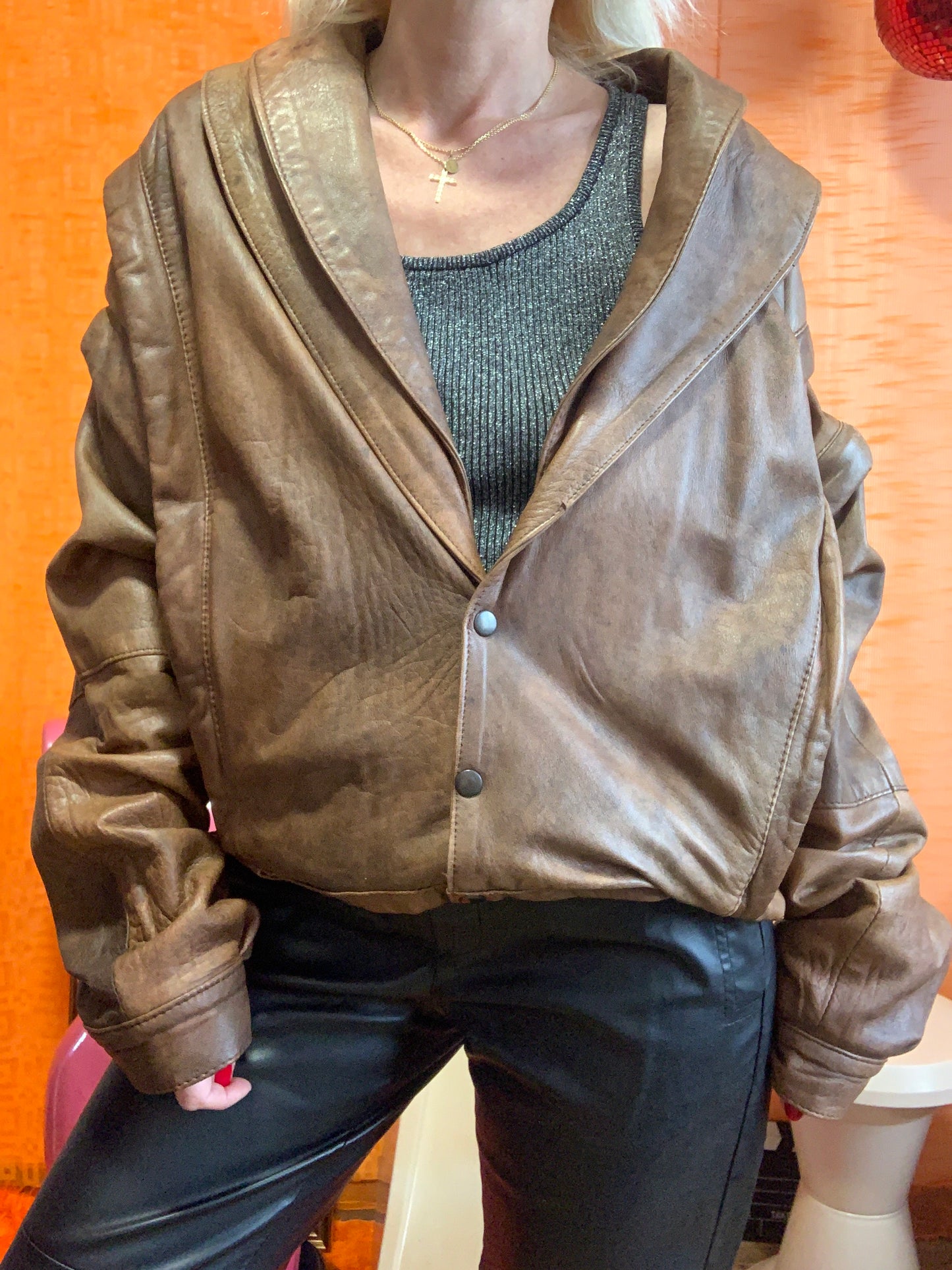 Blouson Cuir marron Vintage 1980 Double col à manches détachables