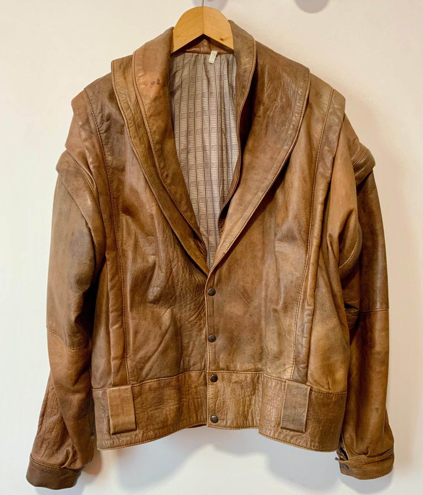 Blouson Cuir marron Vintage 1980 Double col à manches détachables