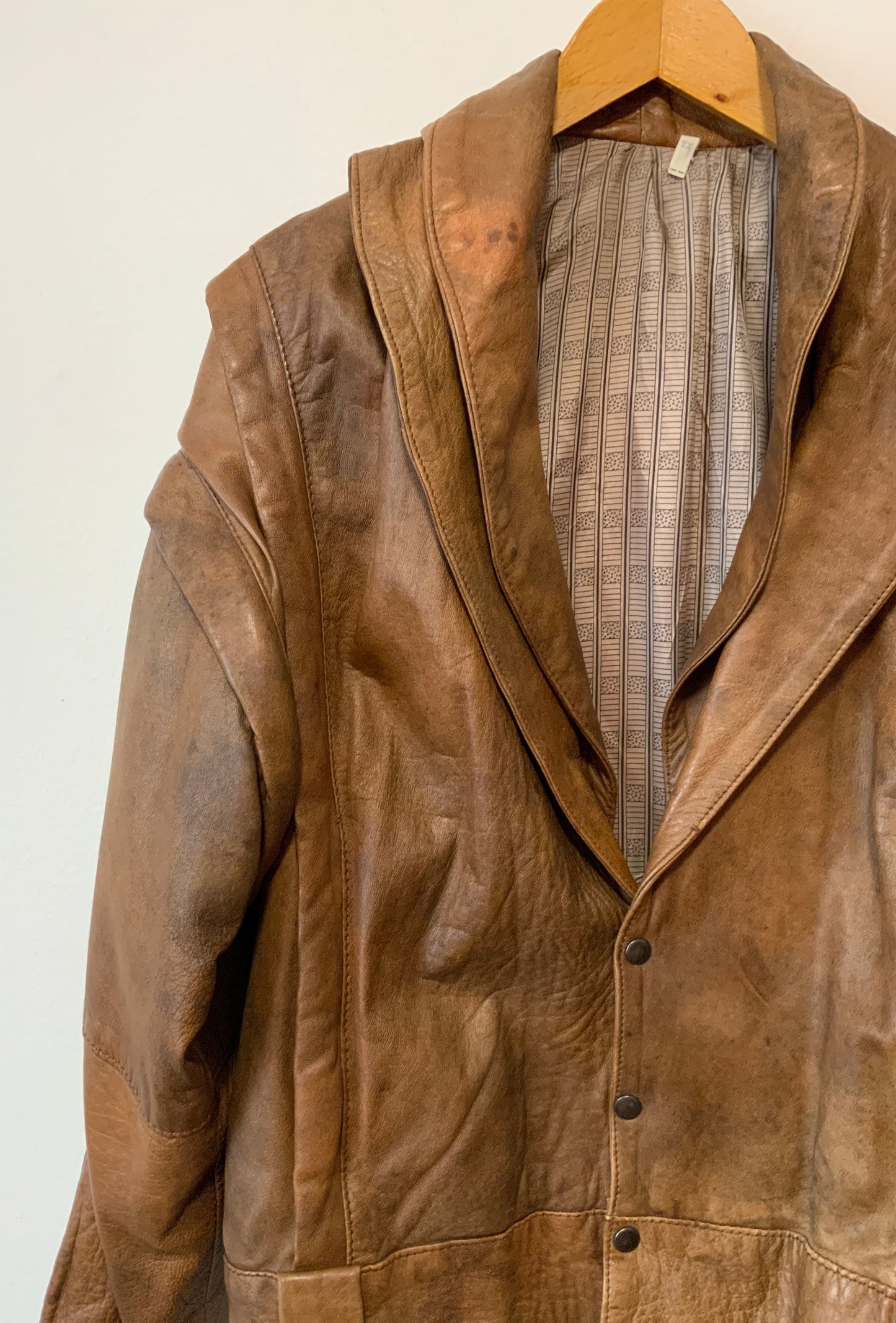 Blouson Cuir marron Vintage 1980 Double col à manches détachables