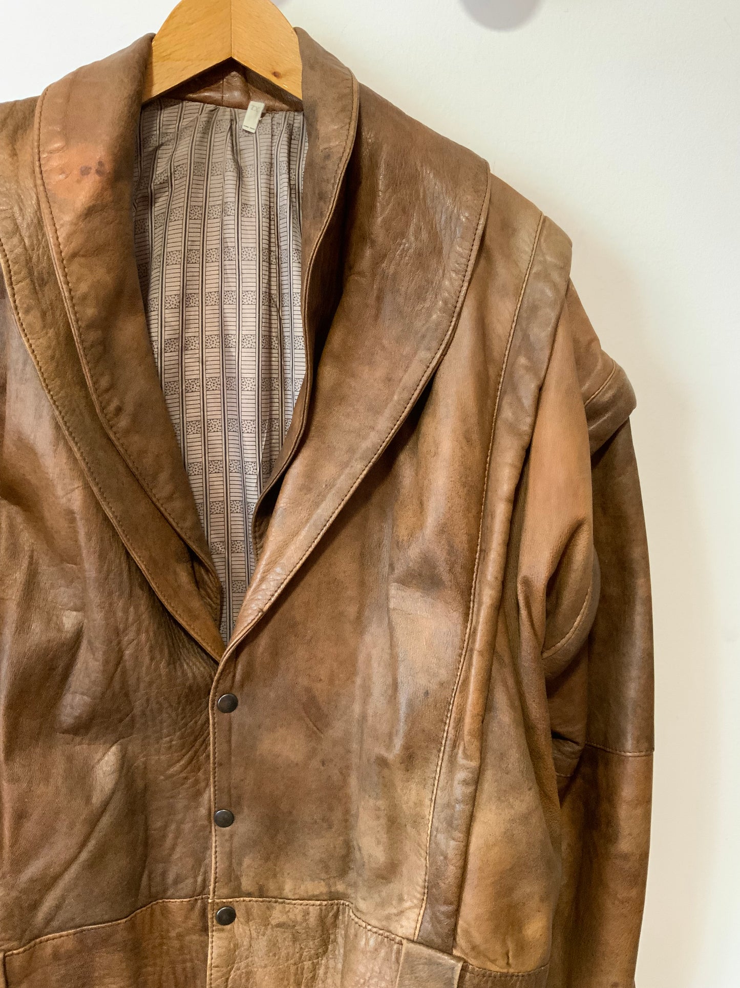 Blouson Cuir marron Vintage 1980 Double col à manches détachables