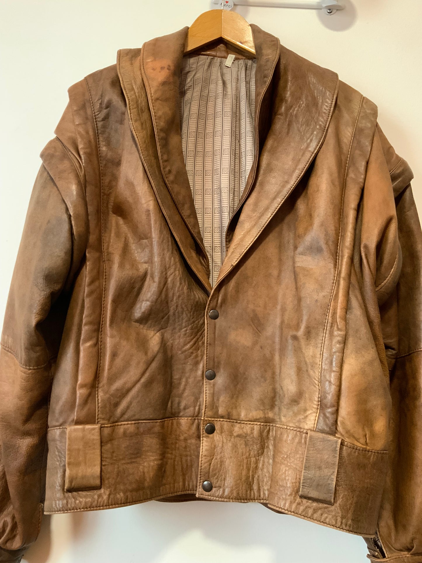 Blouson Cuir marron Vintage 1980 Double col à manches détachables