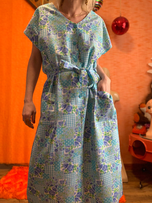 Robe à Fleurs et carreaux vichy effet patchwork Vintage matière gaufrée Été