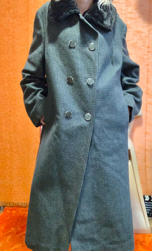 Superbe et grand manteau Laine à carreaux Vert Vintage France Col Fourrure synthétique