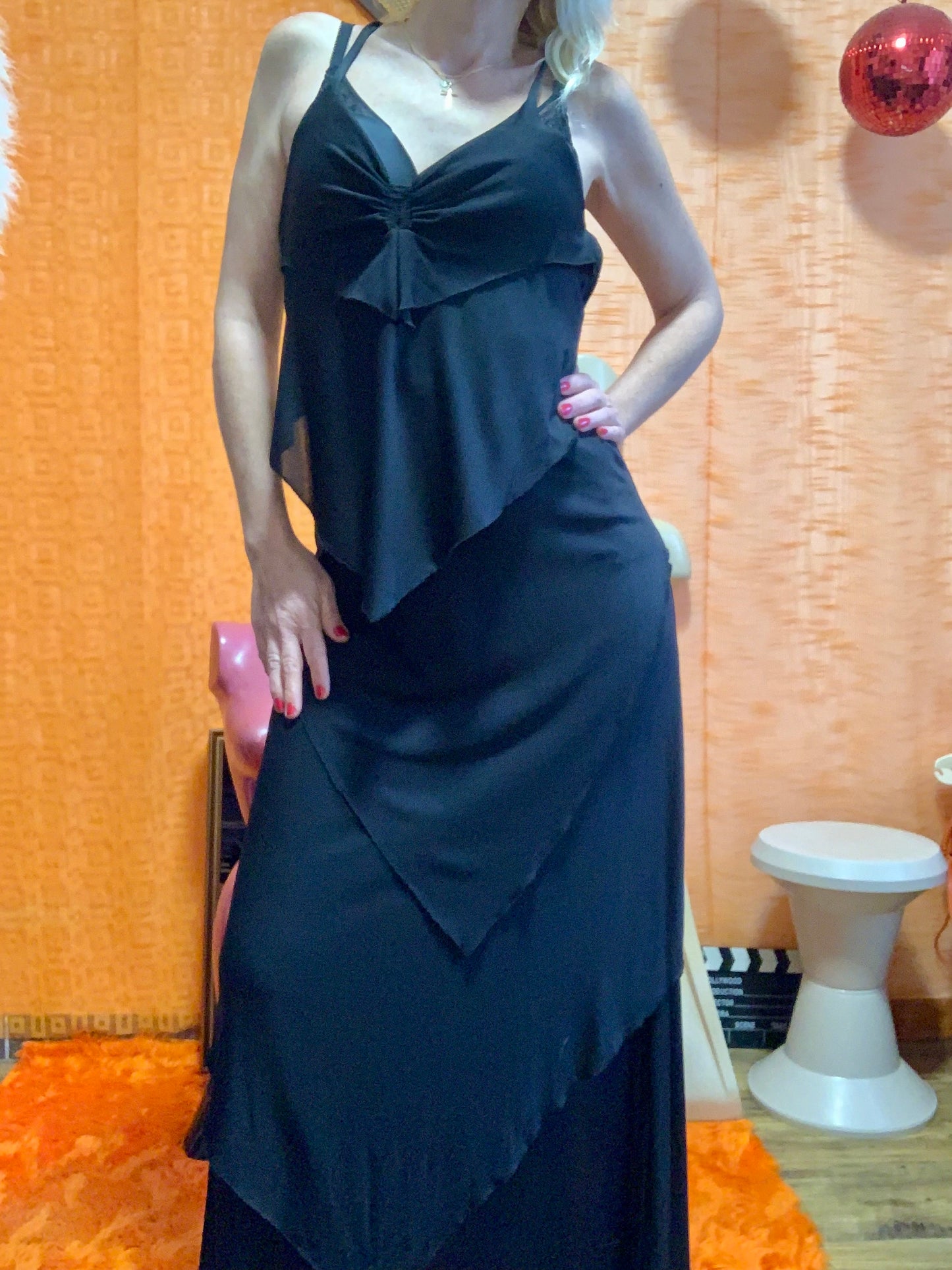 Authentique grande robe de soirée, fêtes 1970 avec son Boa Création