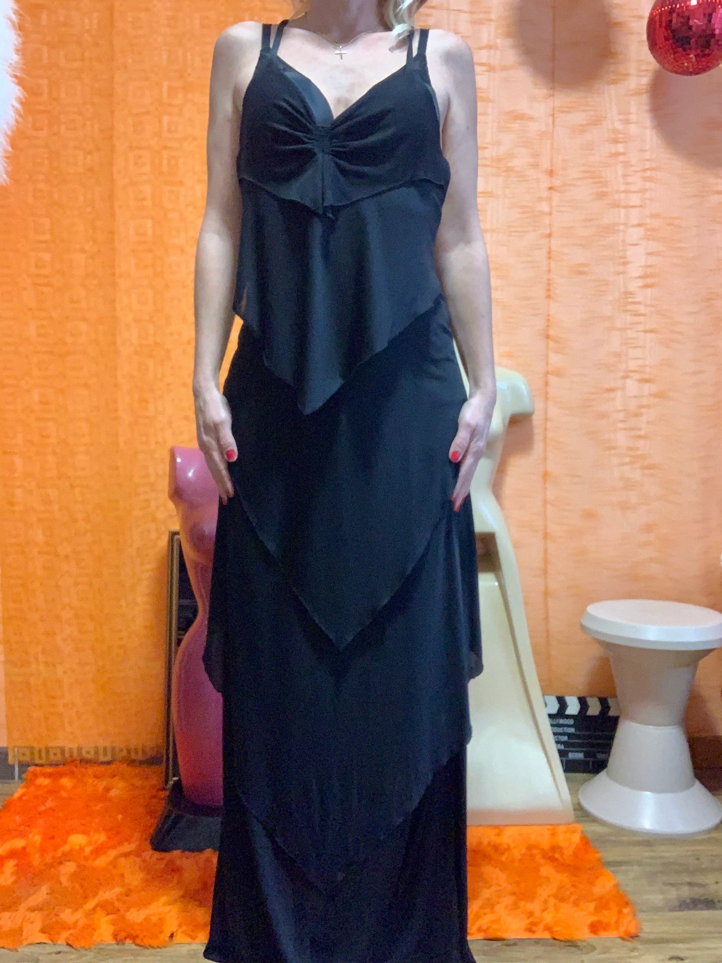 Authentique grande robe de soirée, fêtes 1970 avec son Boa Création