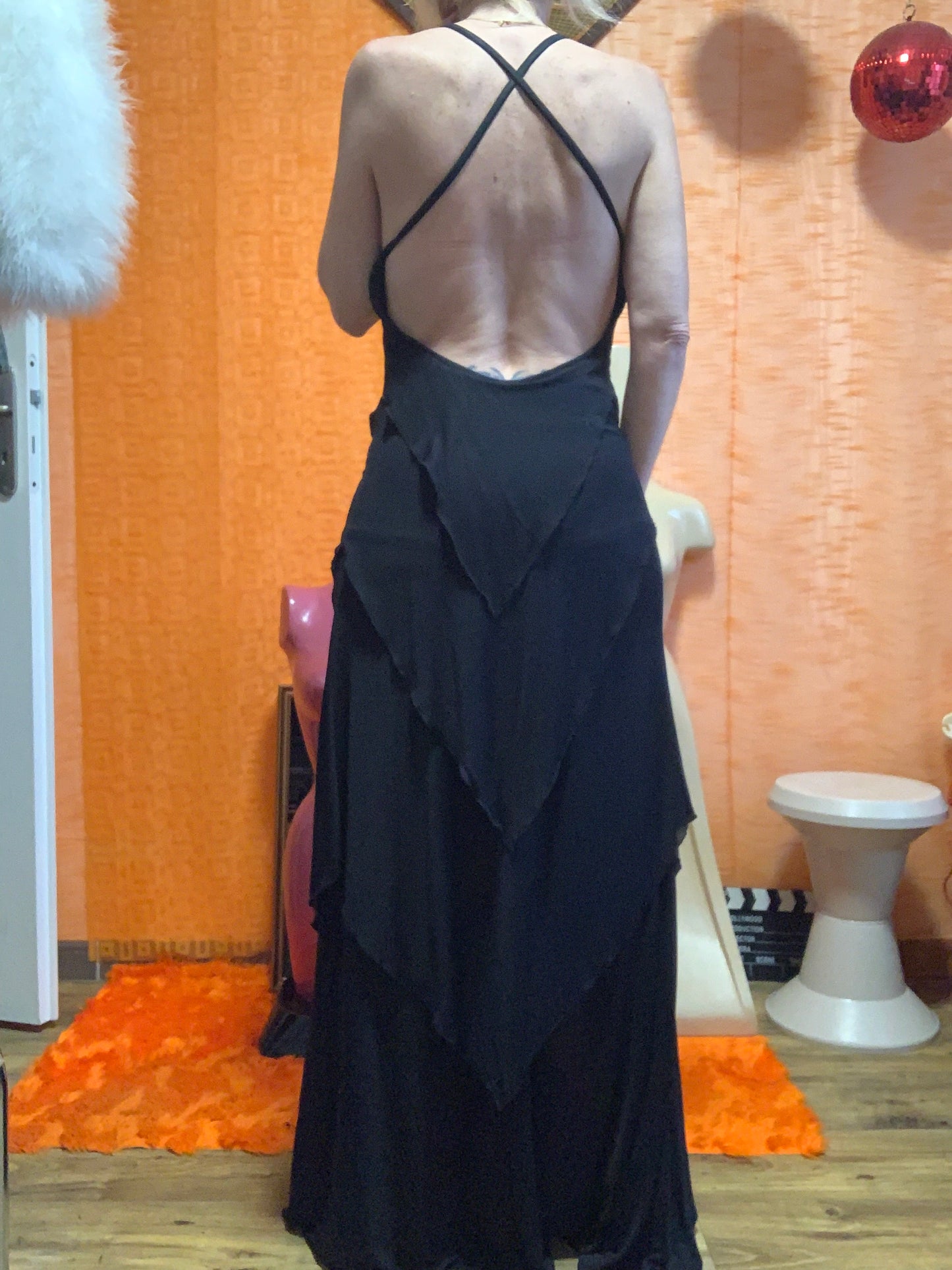 Authentique grande robe de soirée, fêtes 1970 avec son Boa Création