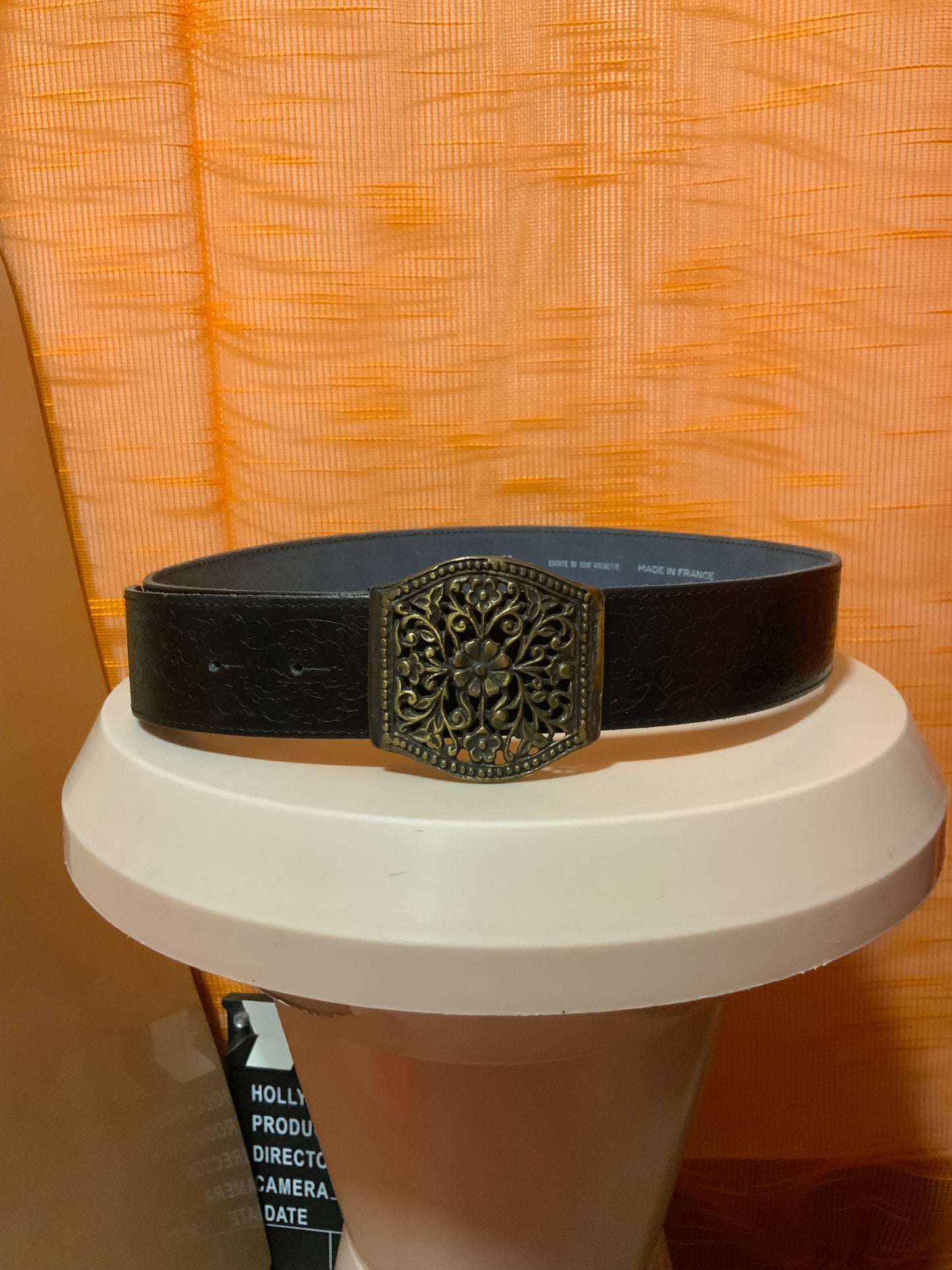 Ceinture Cuir noire Fleurs bohème Vintage France