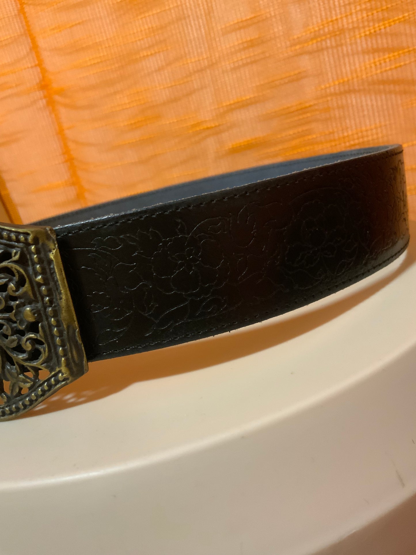Ceinture Cuir noire Fleurs bohème Vintage France