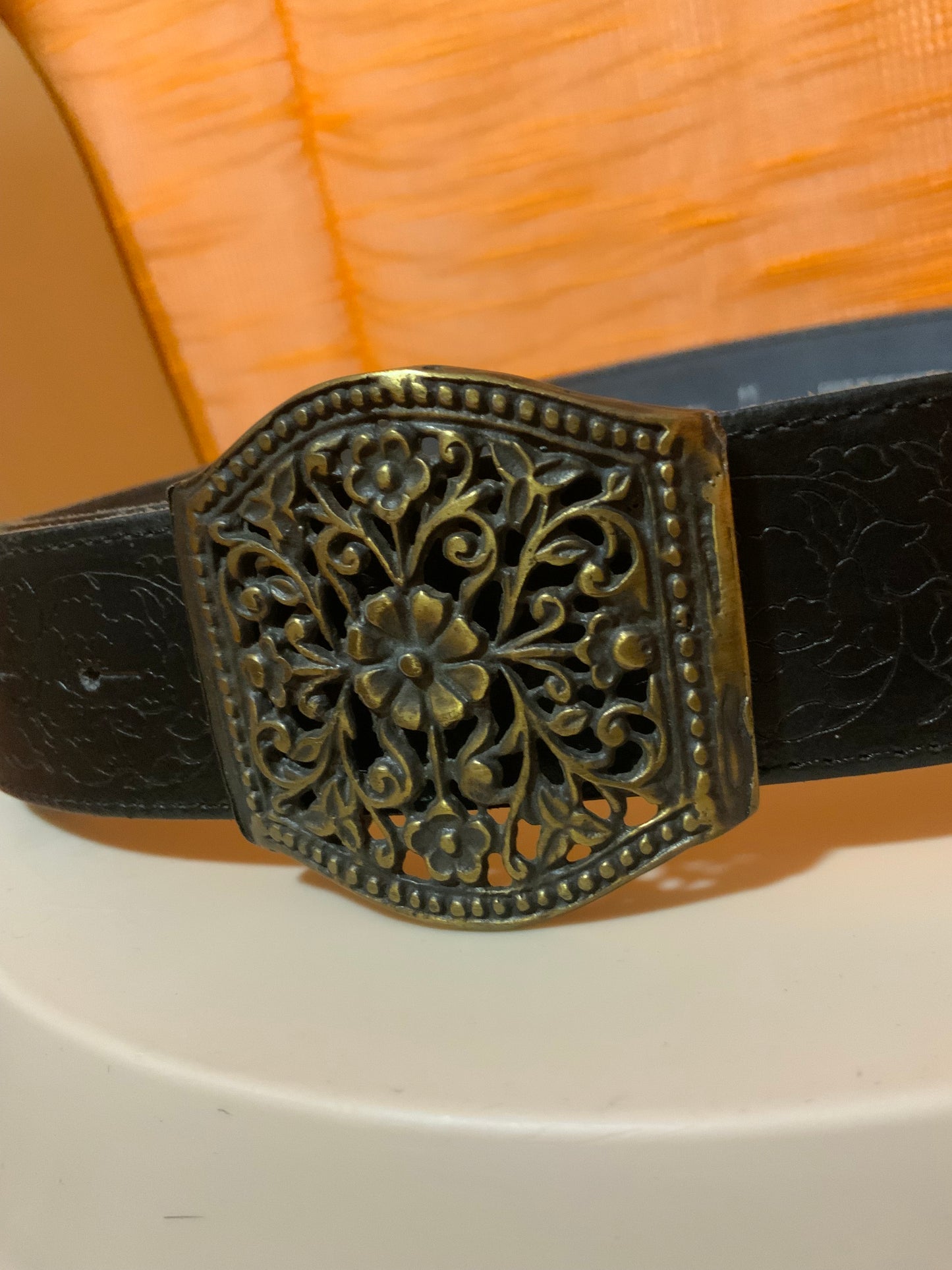 Ceinture Cuir noire Fleurs bohème Vintage France