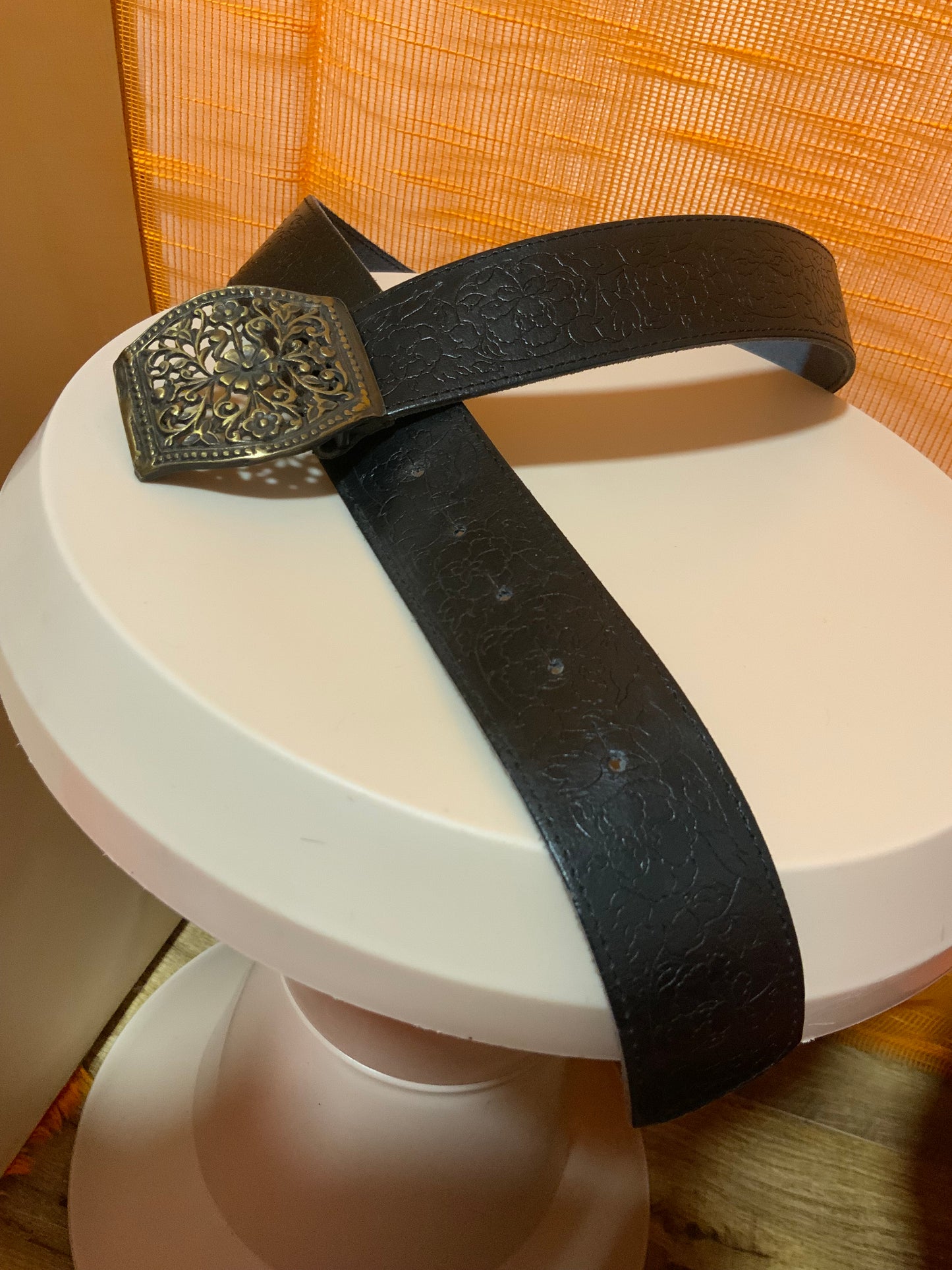 Ceinture Cuir noire Fleurs bohème Vintage France