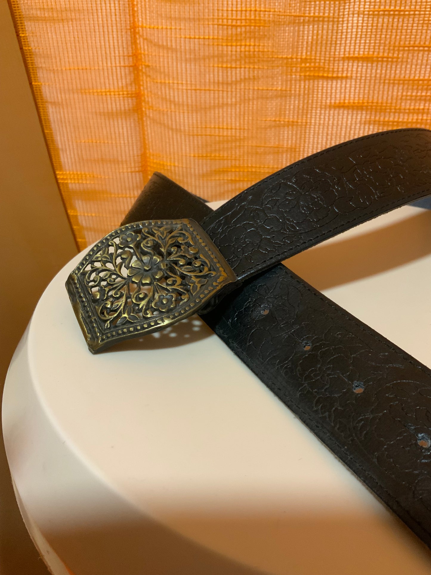 Ceinture Cuir noire Fleurs bohème Vintage France