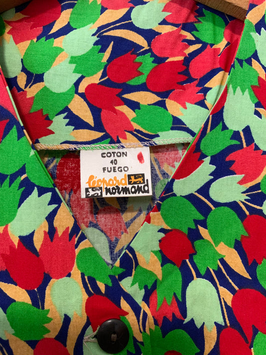 Robe boutonnée Deadstock Vintage 1970 A Fleurs tulipes Été