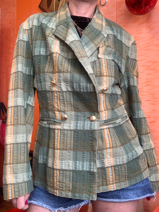 Veste croisée à carreaux Matière gaufrée Vintage France 1990