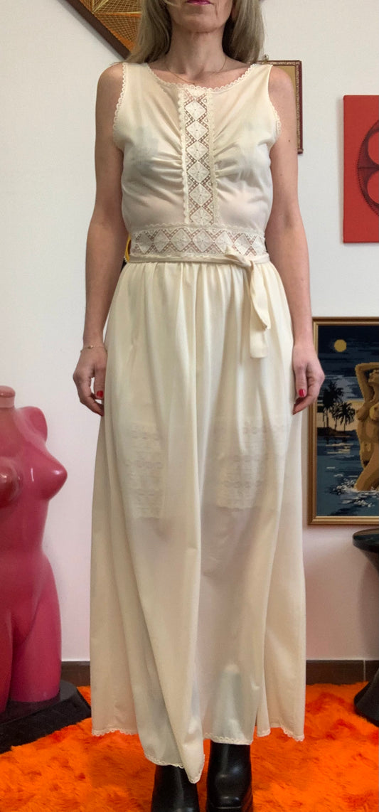 Longue Robe Vintage 1970 Dentelle Ceinture Chic