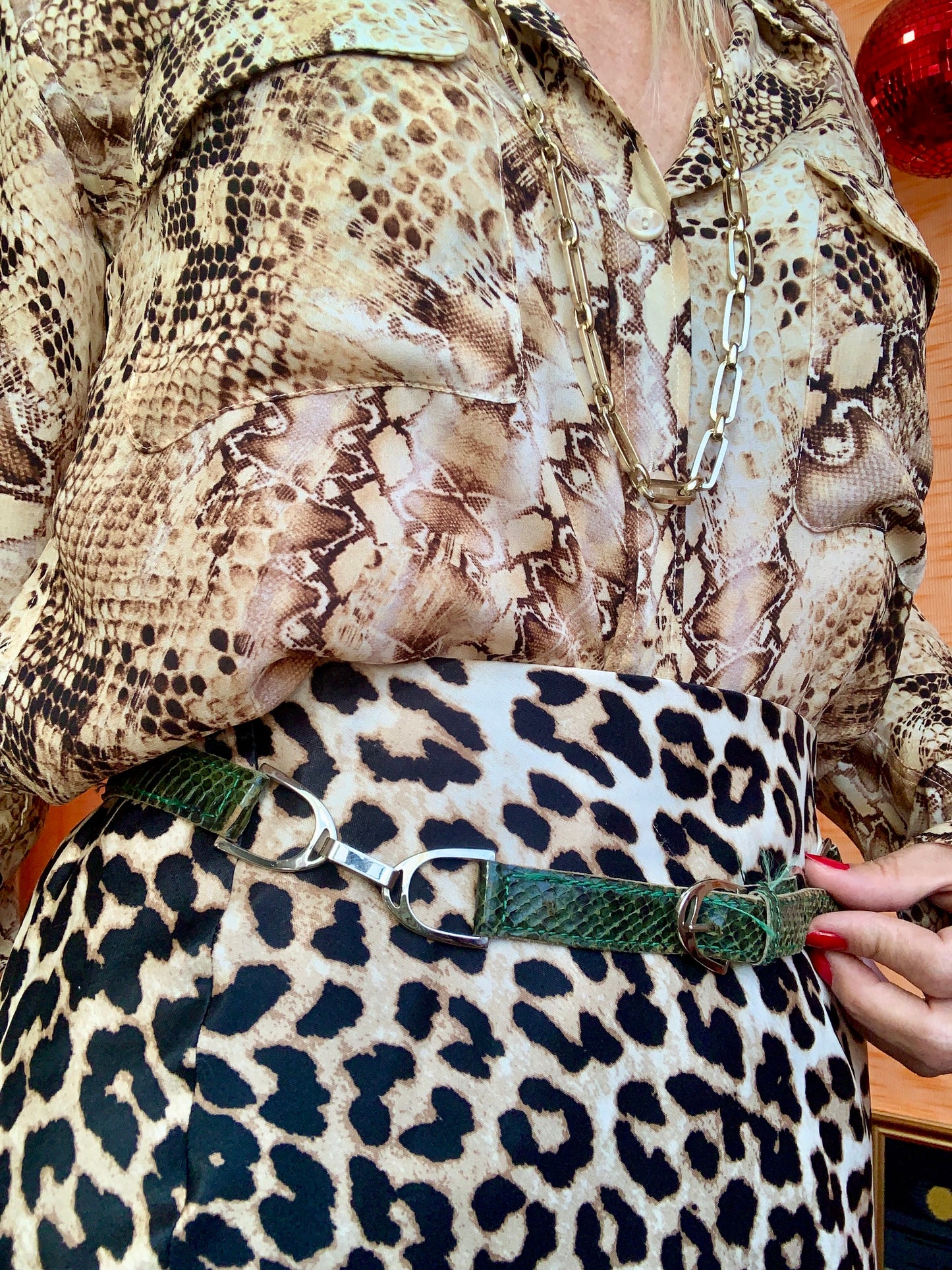 Ceinture cuir de reptile véritable Vintage Verte et métal argenté