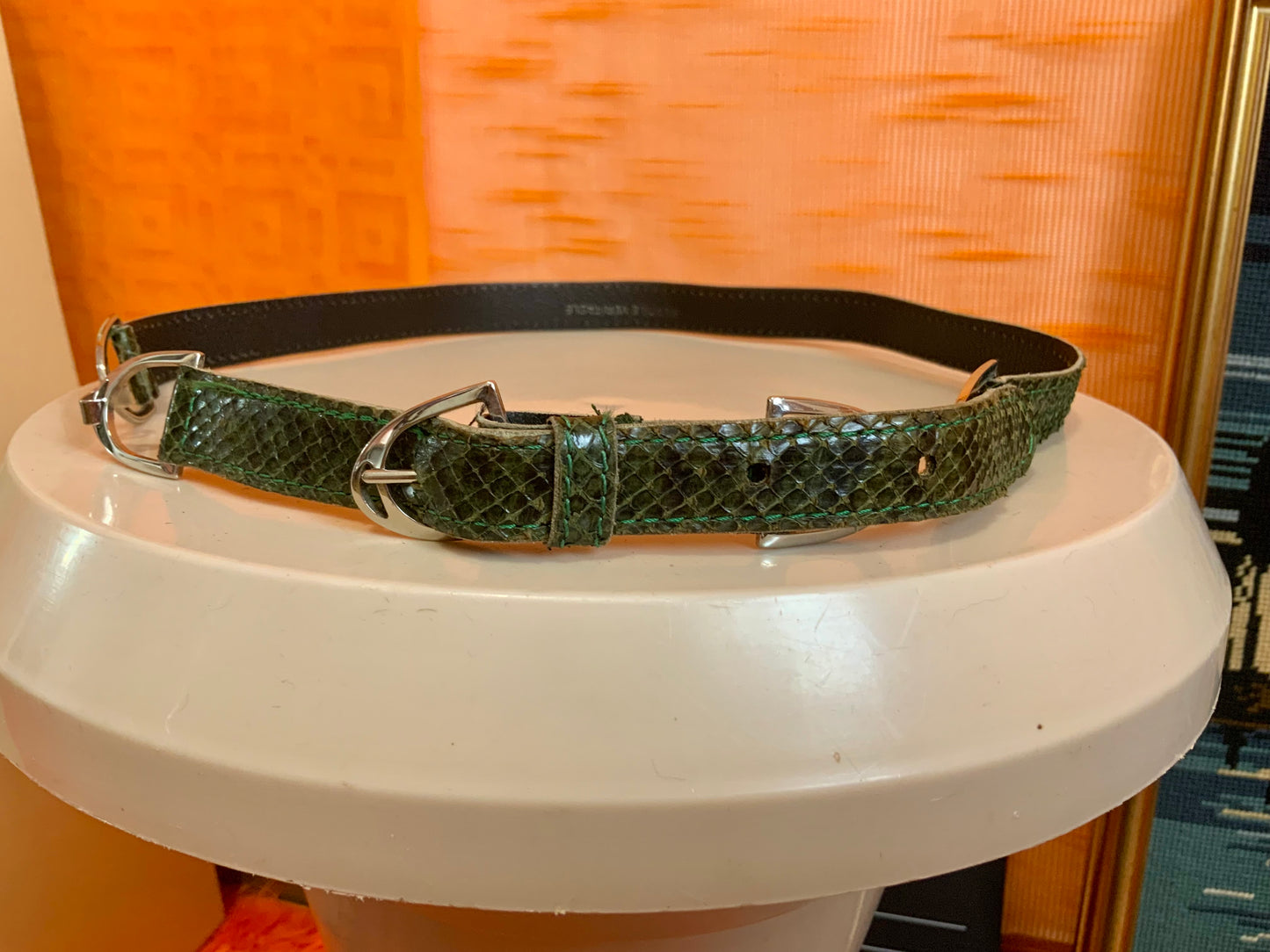 Ceinture cuir de reptile véritable Vintage Verte et métal argenté
