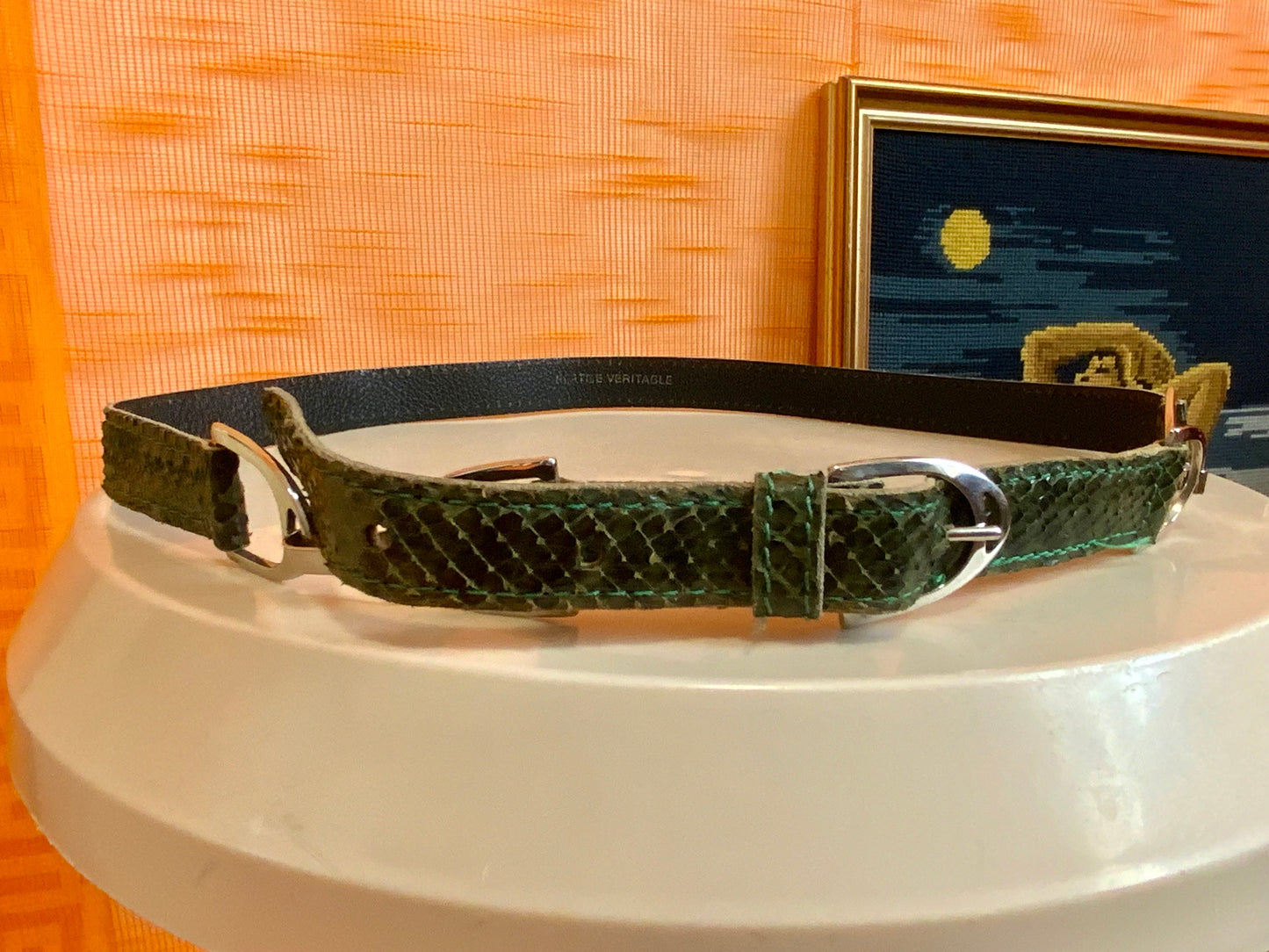 Ceinture cuir de reptile véritable Vintage Verte et métal argenté