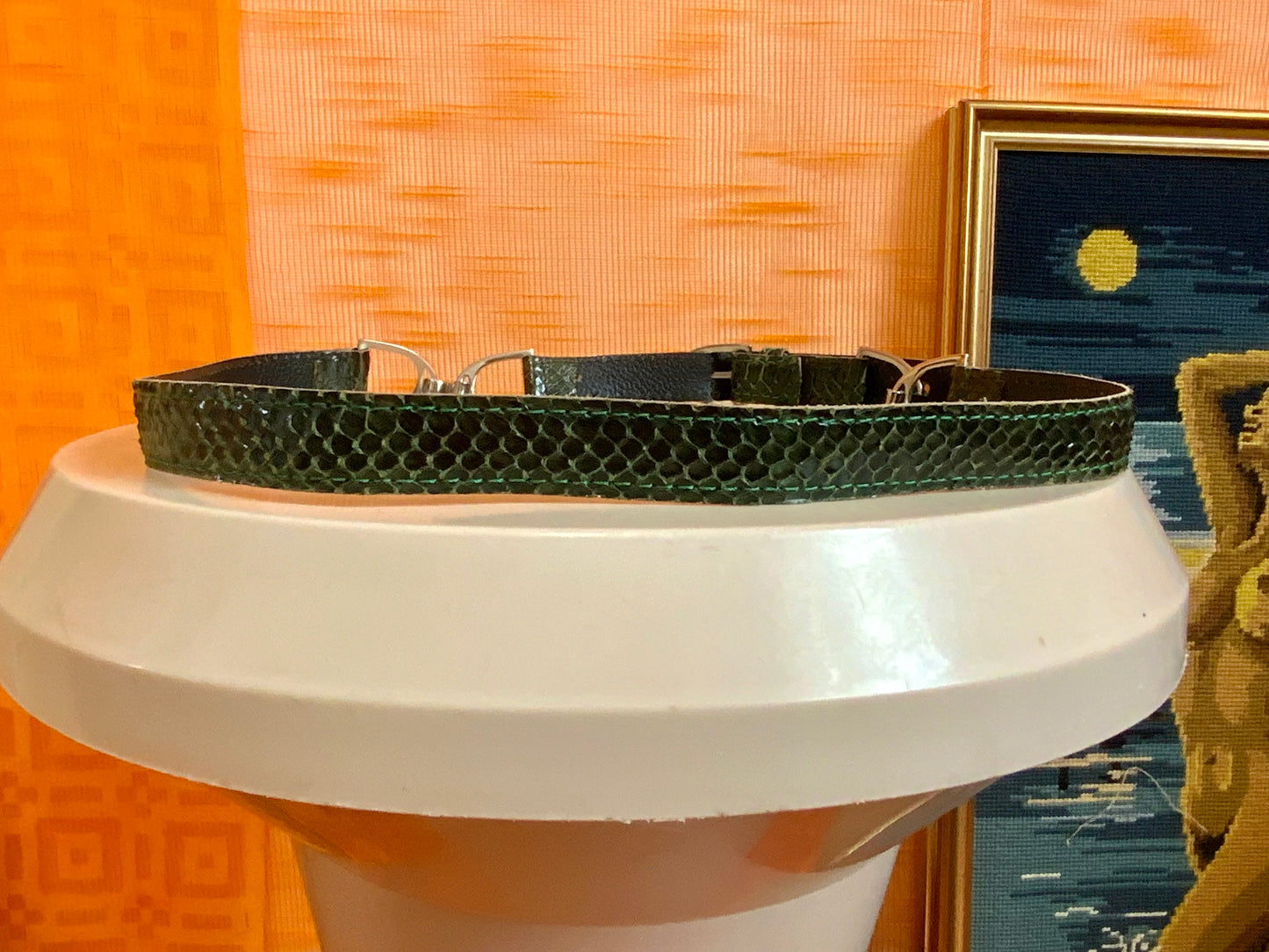 Ceinture cuir de reptile véritable Vintage Verte et métal argenté