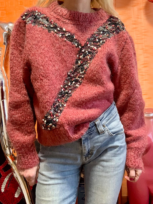 Pull Laine Mohair Tricoté Main Vintage Motifs