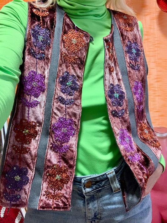 Boléro Gilet Velours A fleurs France Vintage 1990