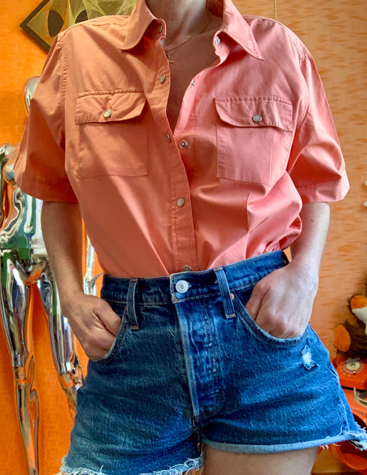 Chemise Vintage 1990 abricot 100% coton Pressions nacrées