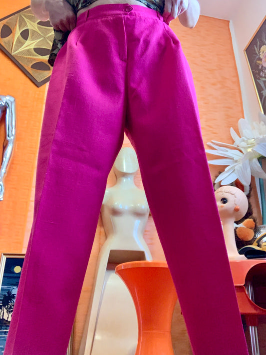 Pantalon droit à pinces et plis Fuchsia Vintage France 1980 Chic