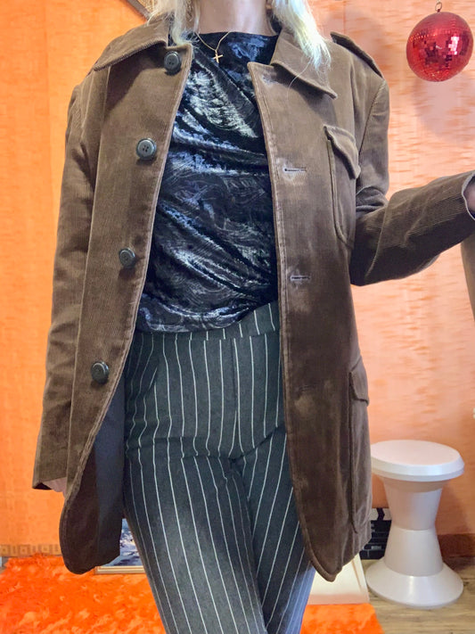 Très belle veste longue en velours côtelé Marron Vintage Authentique