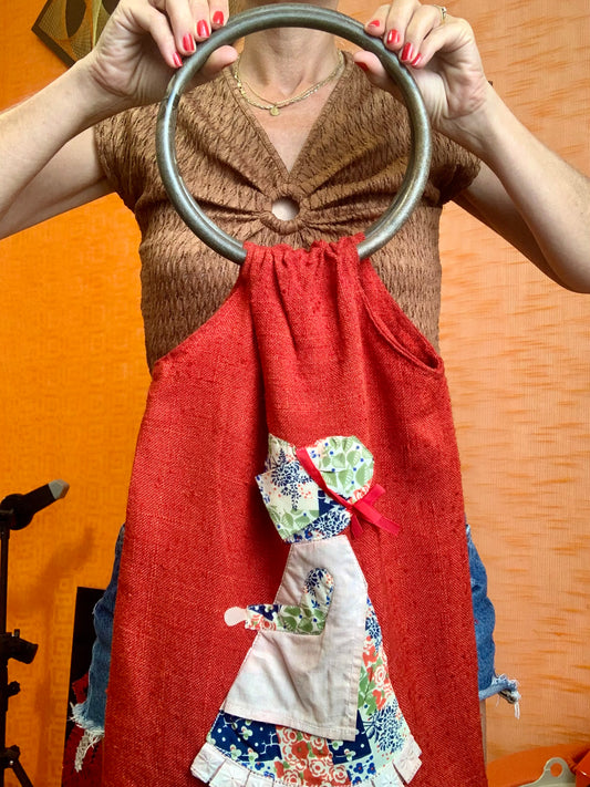 Sac tissu Sarah Kay avec poignées anneaux bois Vintage 1980