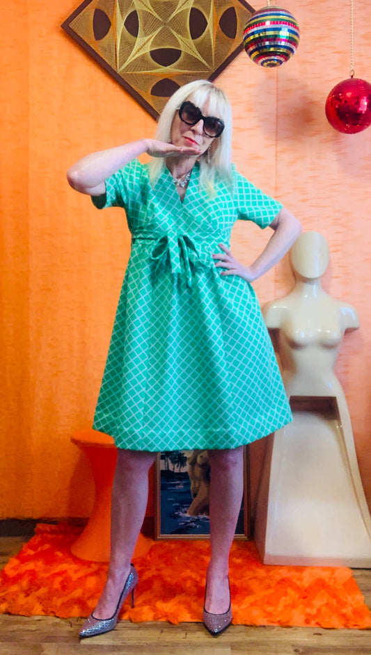 Superbe robe en jersey vert Vintage 1960 carreaux  Burlington