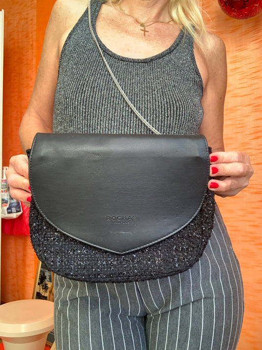 Sac à main Maison Rochas laniere chaîne et paillettes noires Vintage 2000’