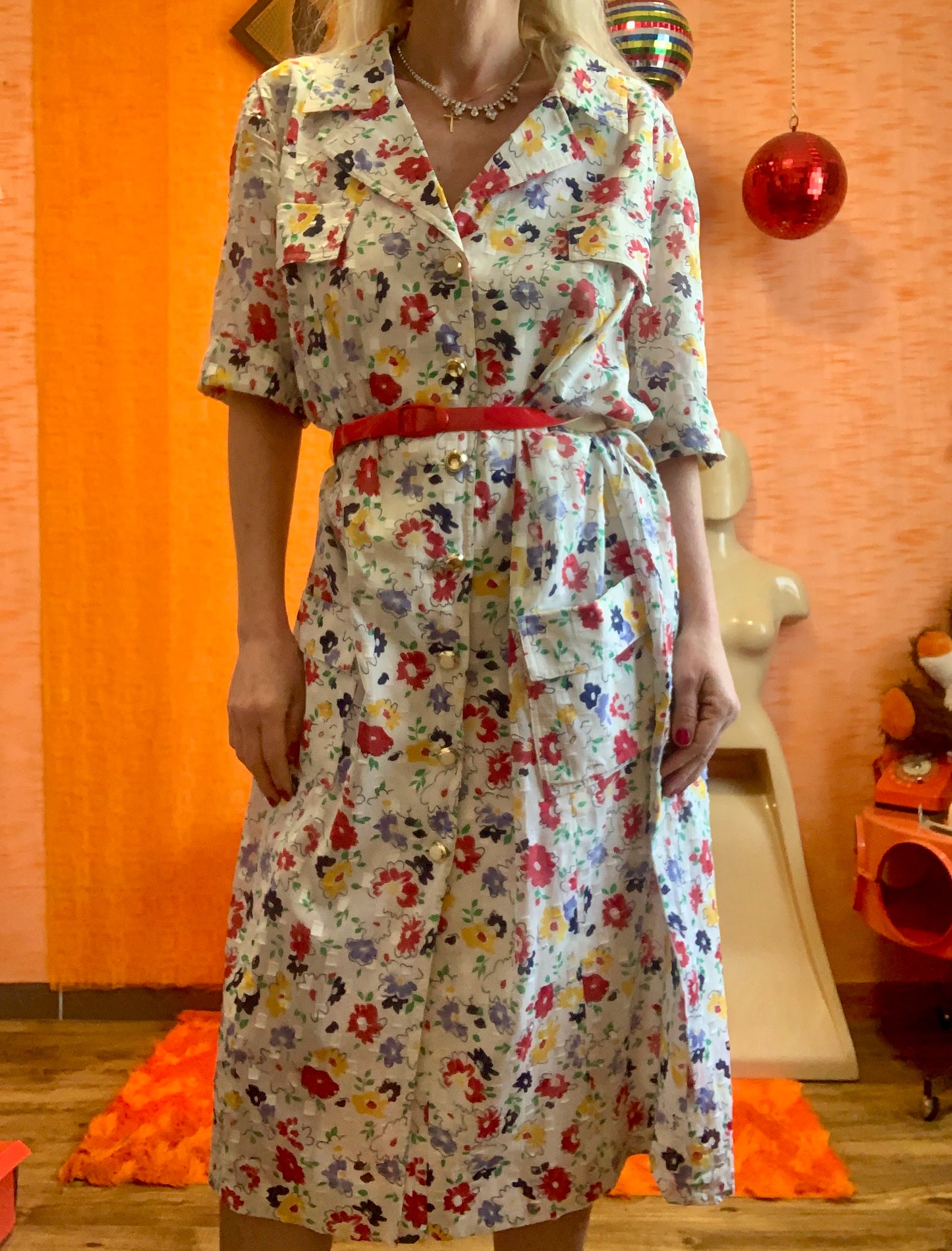 Robe Boutonnée Voile Fleurs colorées Chic Vintage 1990