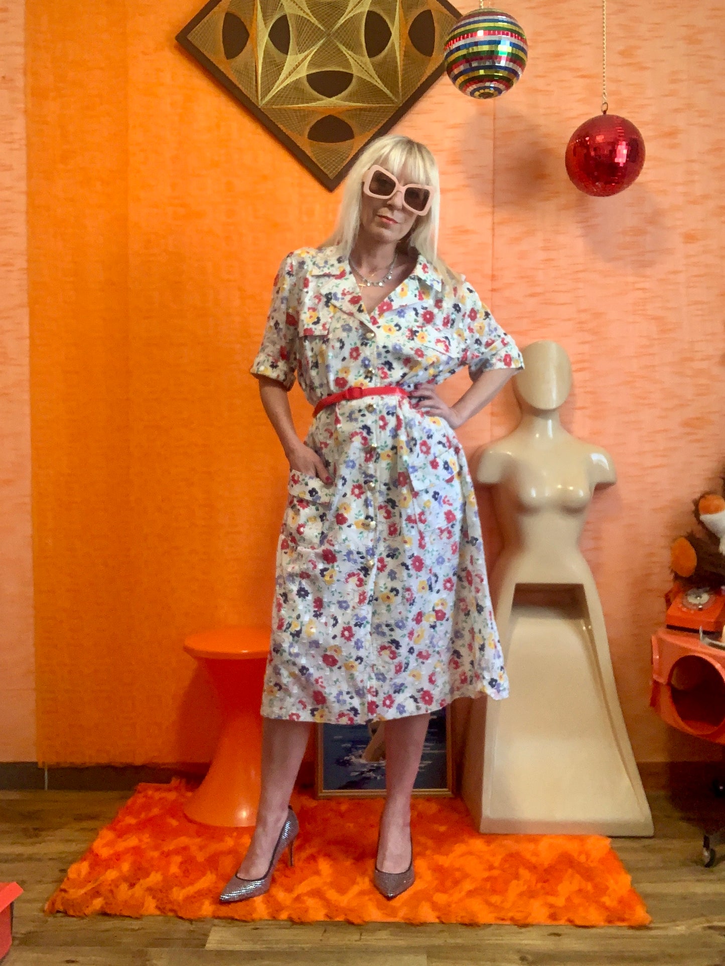 Robe Boutonnée Voile Fleurs colorées Chic Vintage 1990