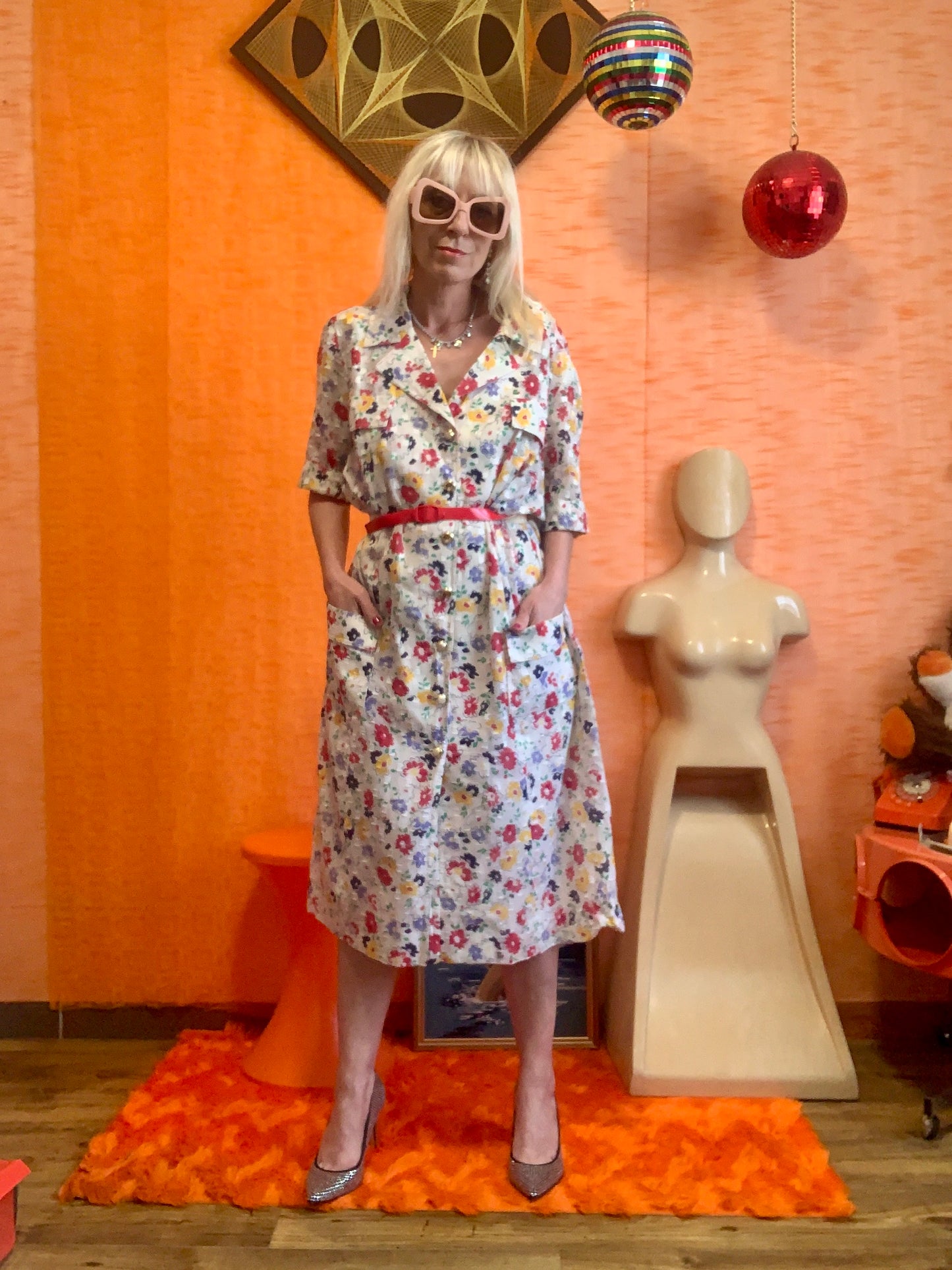 Robe Boutonnée Voile Fleurs colorées Chic Vintage 1990
