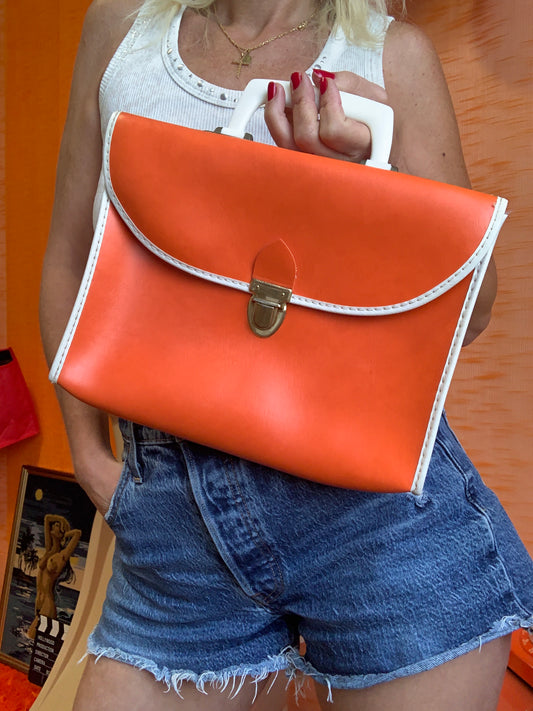 Superbe petit cartable sac à main sacoche Orange Un pur vintage Seventies