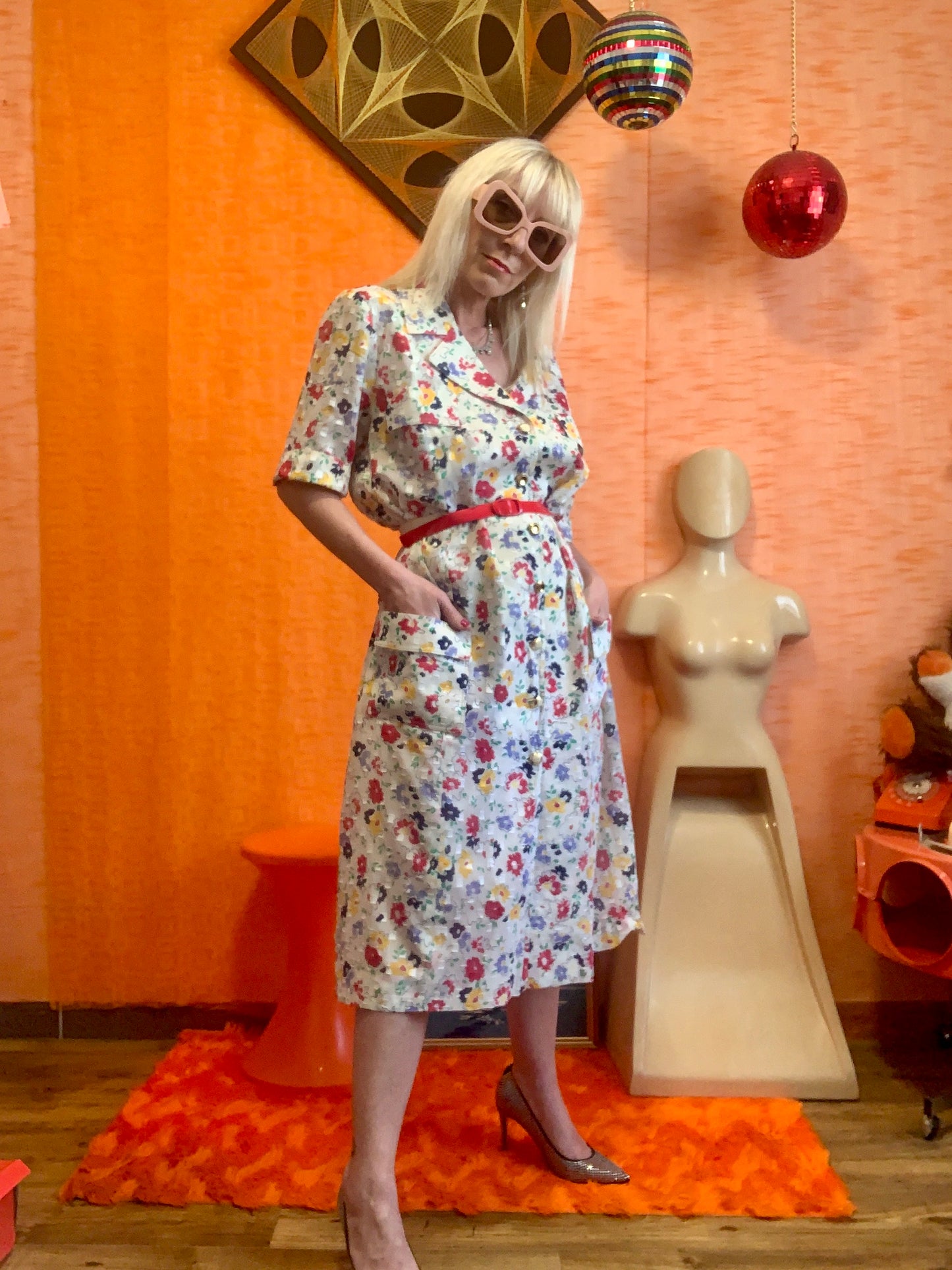 Robe Boutonnée Voile Fleurs colorées Chic Vintage 1990