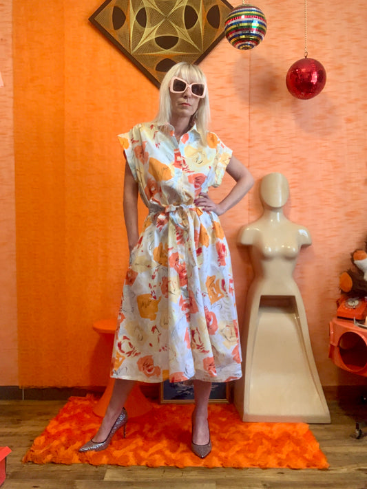 Robe Superbe patineuse à motifs oranges ronds Vintage 1980 Col Claudine