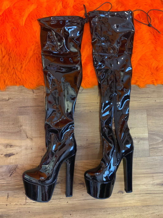 Bottes Cuissardes talons compensés Vinyle Façon Vintage 1970 Neuves