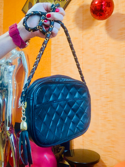 Sac à main cuir Noir matelassé Stylé Chic Vintage 1990 Chaîne dorée