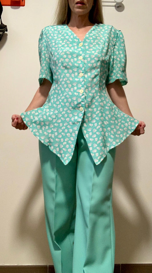 Superbe chemisier long à fleurs couleur menthe Vintage 1990 France