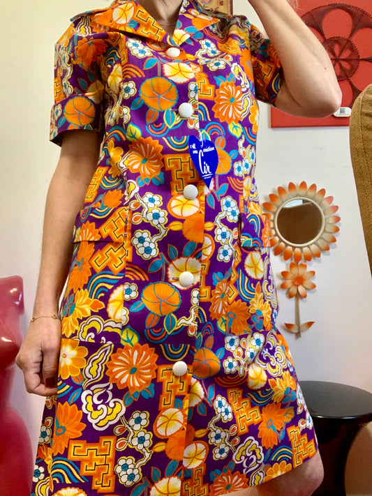 Robe Blouse Orange à fleurs Deadstock Neuve 1970 Originale France