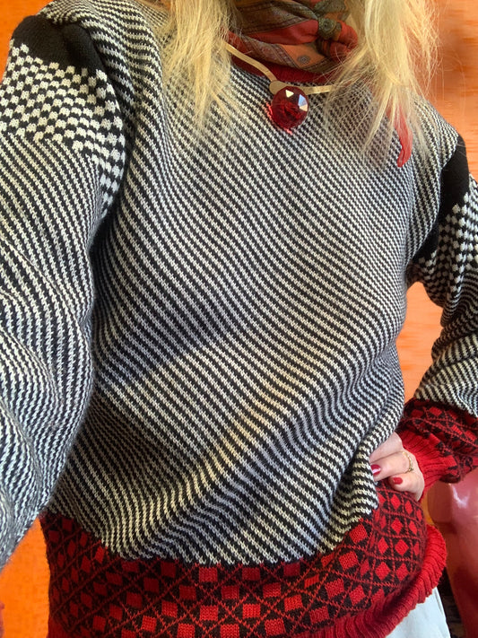 Pull Vintage Laine 1980 France rayures diagonales damiers