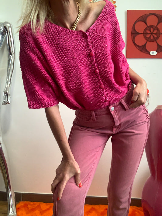 Gilet Été Tricot rose Vintage Eighties