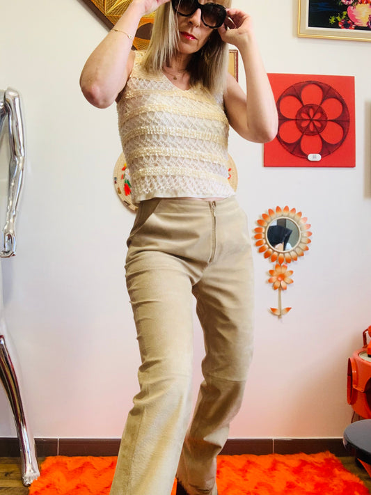Pantalon Daim beige et Fleurs brodées en bas Beauté Vintage 1990