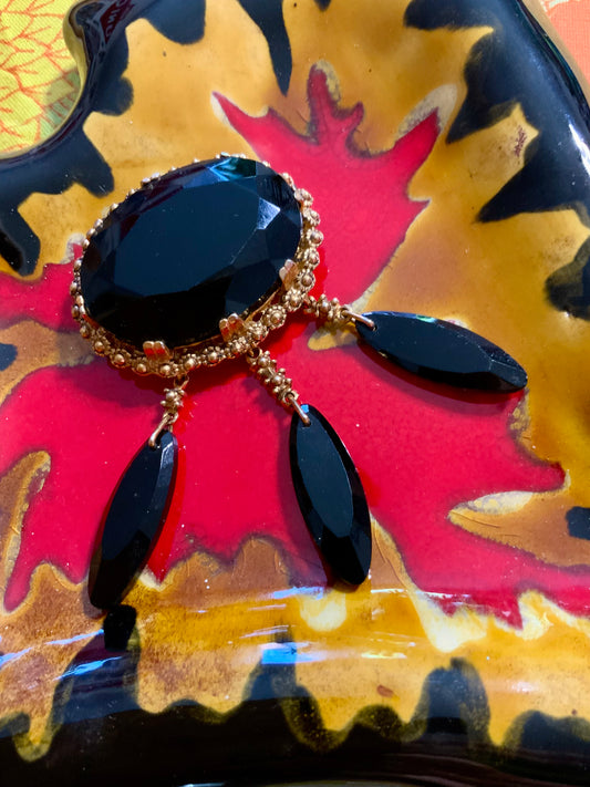 Sublime broche métal et pierres en verre noir Vintage Ancienne