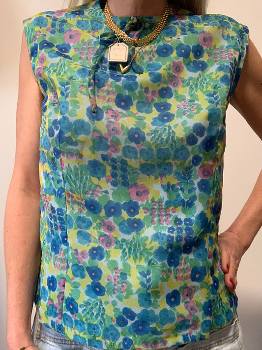 Superbe blouse mousseline boutonnée à fleurs faite main Création 1960/70
